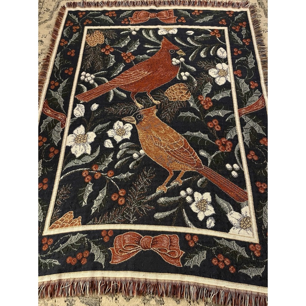 VTG Red Cardinal Holly Woven Tapestry Throw Blanket Jacquard Fringe Christmas